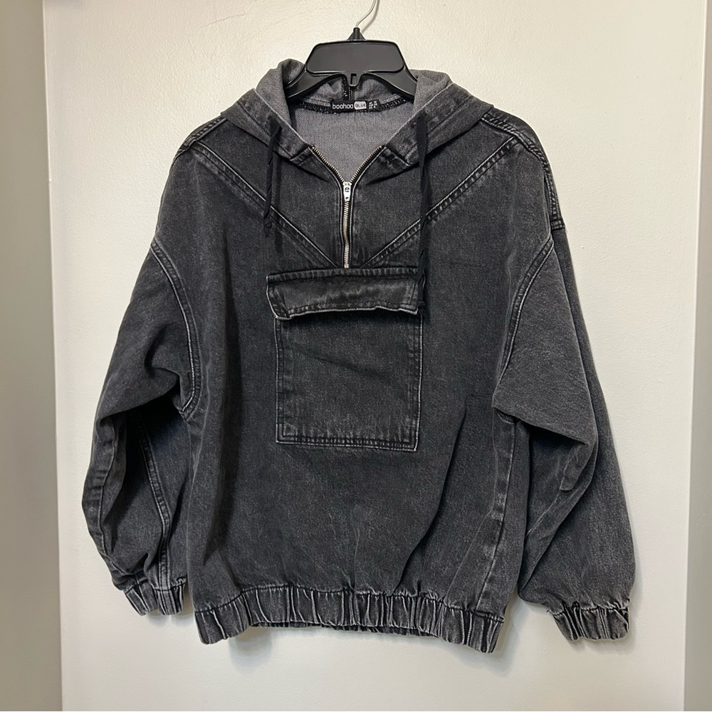Boohoo Blue Black Denim Acid Washed Denim Hoodie Jacket‎ Size 6 Retro Y2K Skater